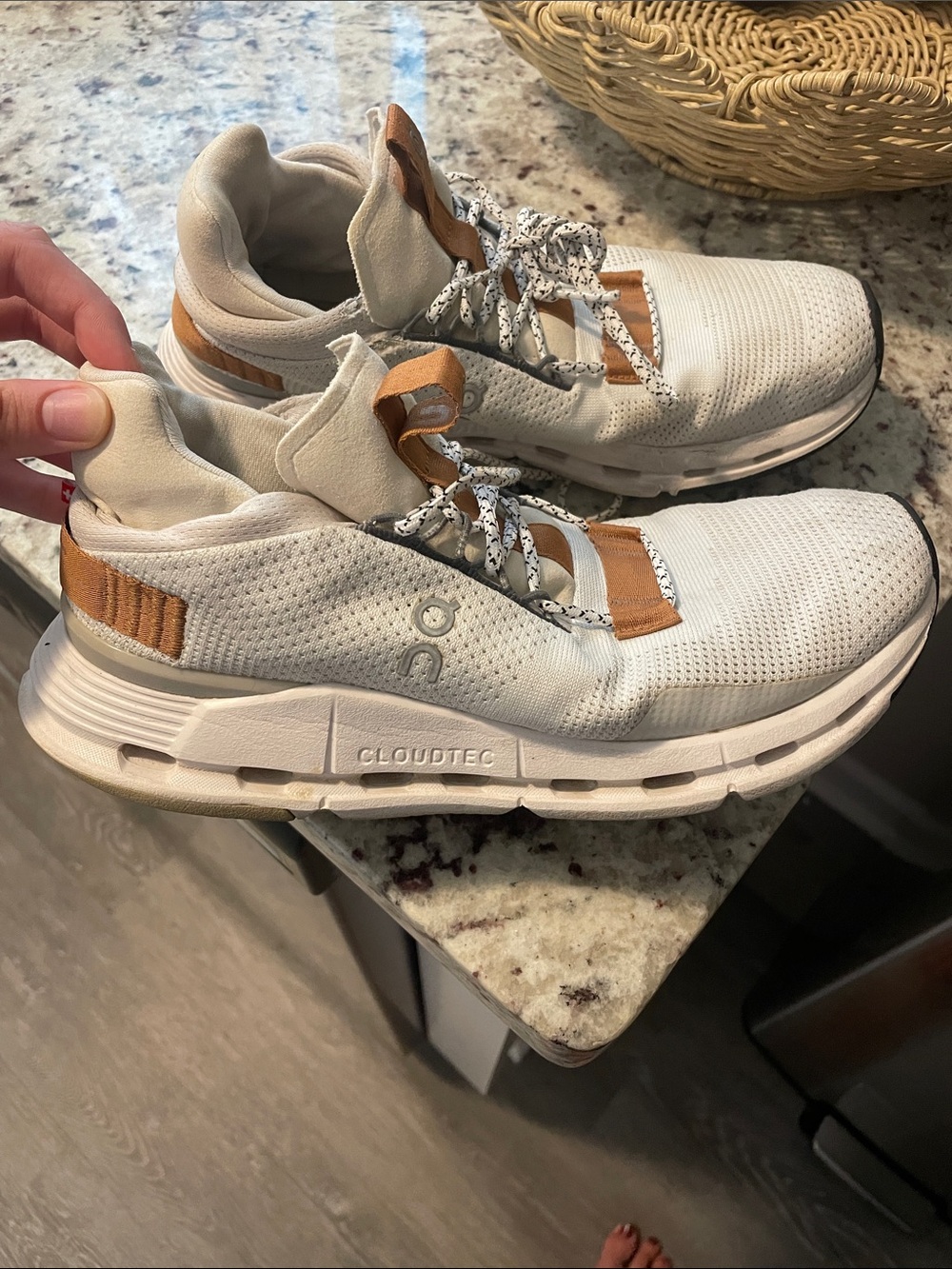 On Running womens 8 CloudTec Athletic Sneakers in White and Tan